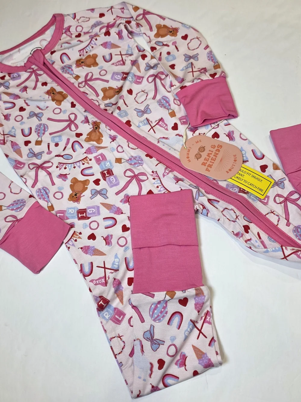 Remi & Friends Pink Teddy Bear Print Girl Kids Bamboo Zipper Convertible 18/24 M